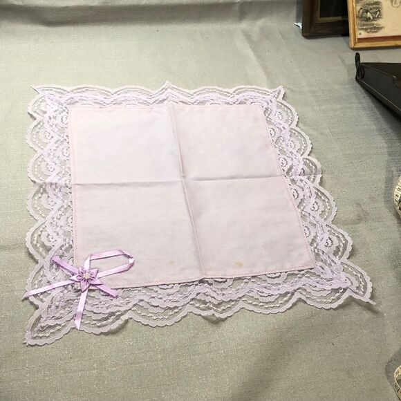Vintage 1960s Handmade Ladies Lacy Handkerchief in Lavender w/Ribbon & Beads - Picture 5 of 9